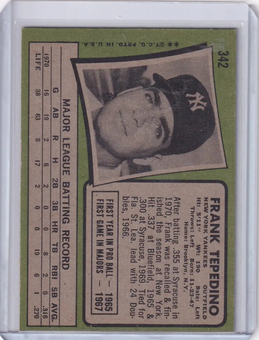 1971 Topps Baseball #342 Frank Tepedino - New York Yankees - Baseball Card Single