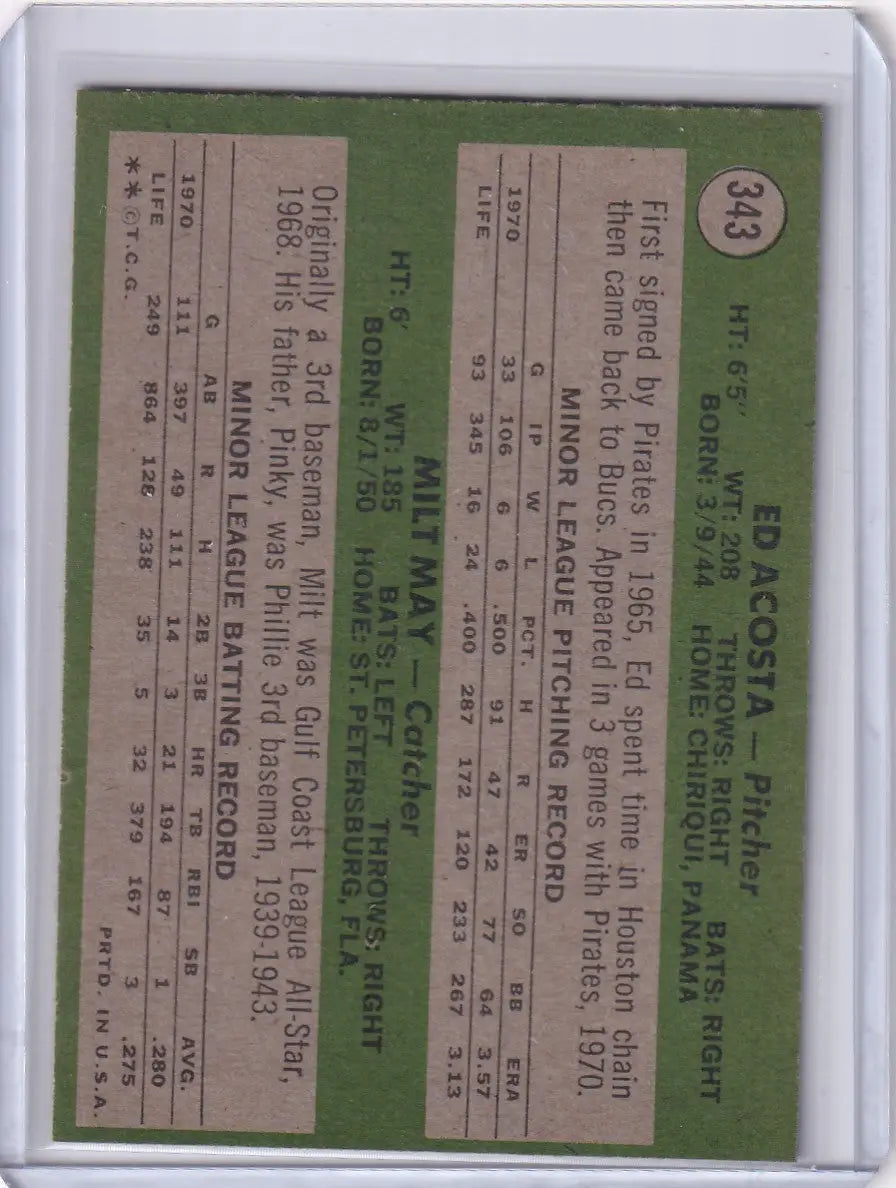 1971 Topps Baseball #343 Pirates Rookies - Ed Acosta / Milt May RC - Baseball Card Single