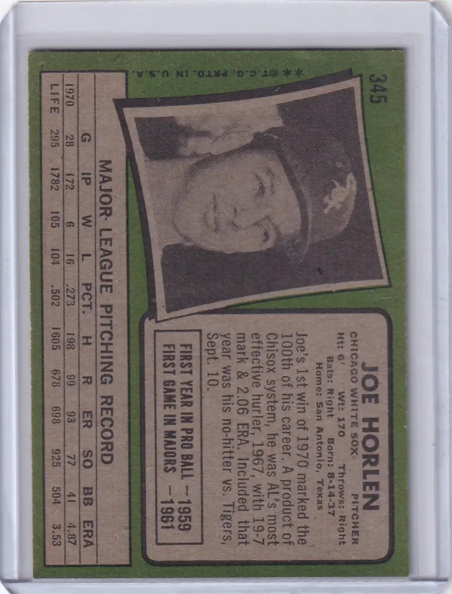 Baseball card of Joe Horlen on green background from Topps Baseball - Chicago White Sox