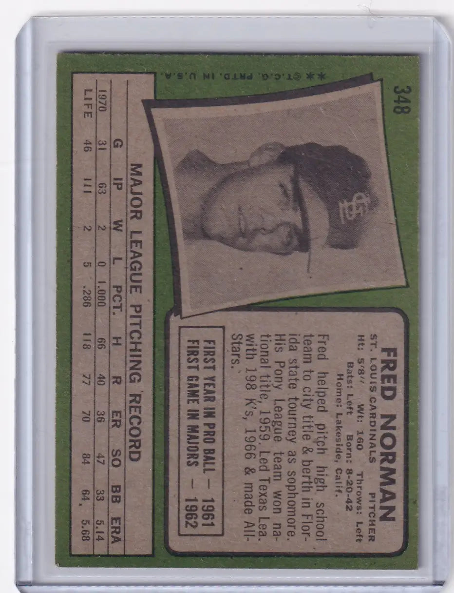 1971 Topps Baseball #348 Fred Norman - St. Louis Cardinals - Baseball Card Single