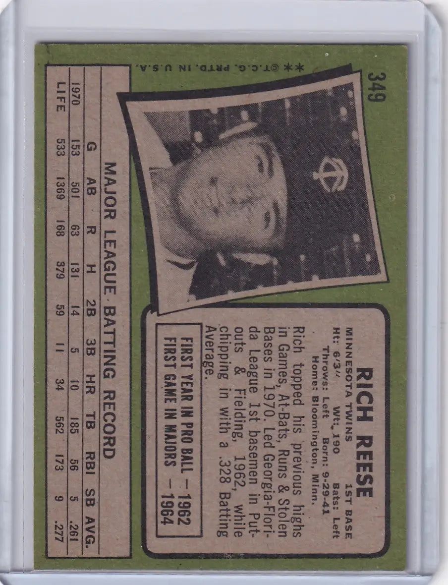 1971 Topps Baseball #349 Rich Reese - Minnesota Twins - Baseball Card Single