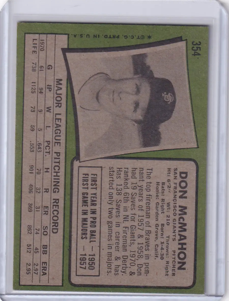 1971 Topps Baseball #354 Don McMahon - San Francisco Giants - Baseball Card Single