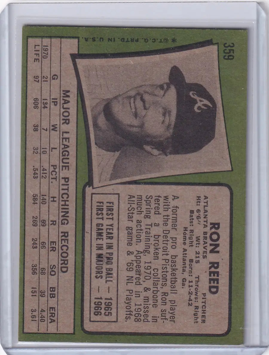 1971 Topps Baseball #359 Ron Reed - Atlanta Braves - Baseball Card Single
