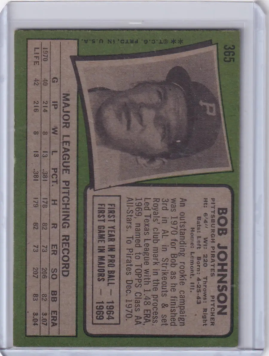 1971 Topps Baseball #365 Bob Johnson - Pittsburgh Pirates - Baseball Card Single