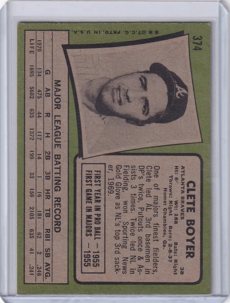 1971 Topps Baseball #374 Clete Boyer - Atlanta Braves - Baseball Card Single
