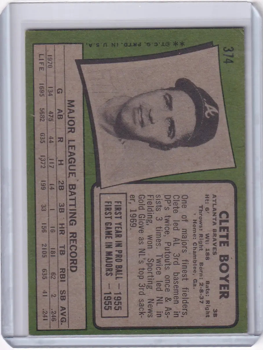 1971 Topps Baseball #374 Clete Boyer - Atlanta Braves - Baseball Card Single