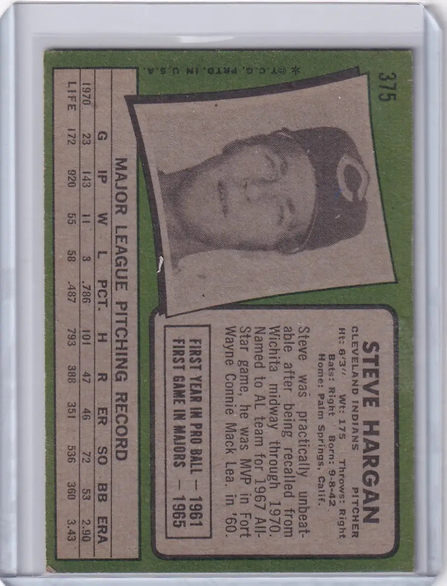 1971 Topps Baseball #375 Steve Hargan - Cleveland Indians - Baseball Card Single