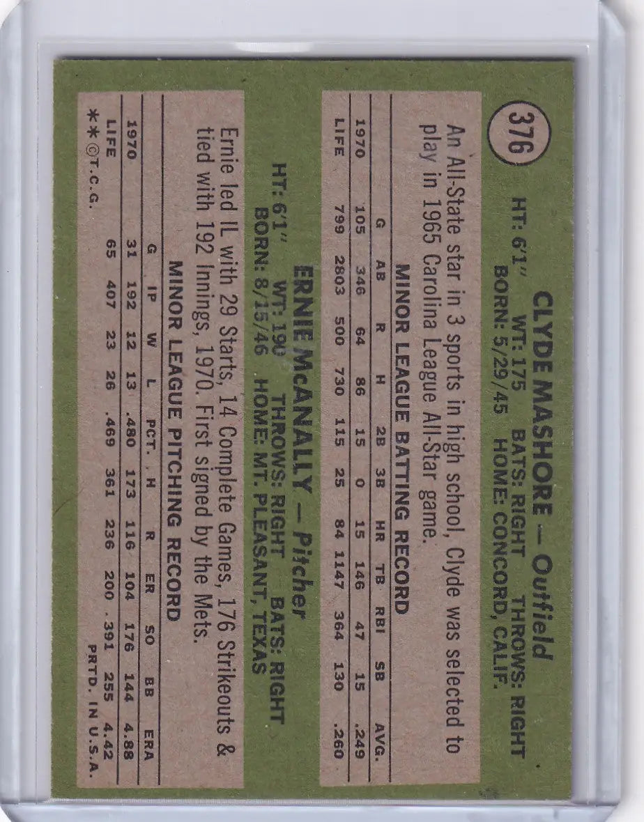 Vintage 1971 Topps Baseball card featuring Expos Rookies Clyde Mashore and Ernie McAnally