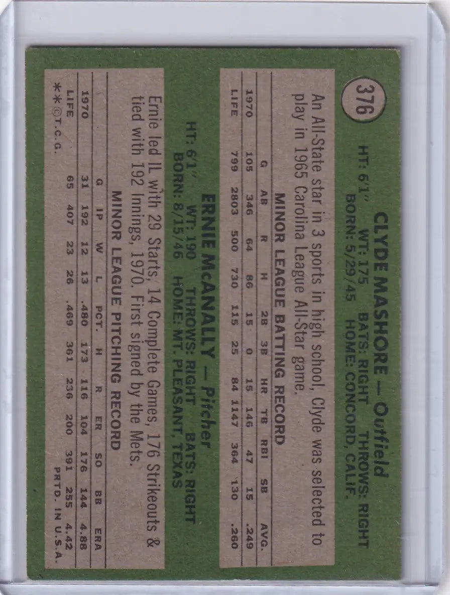 1971 Topps Baseball #376 Expos Rookies - Clyde Mashore / Ernie McAnally RC - Baseball Card Single