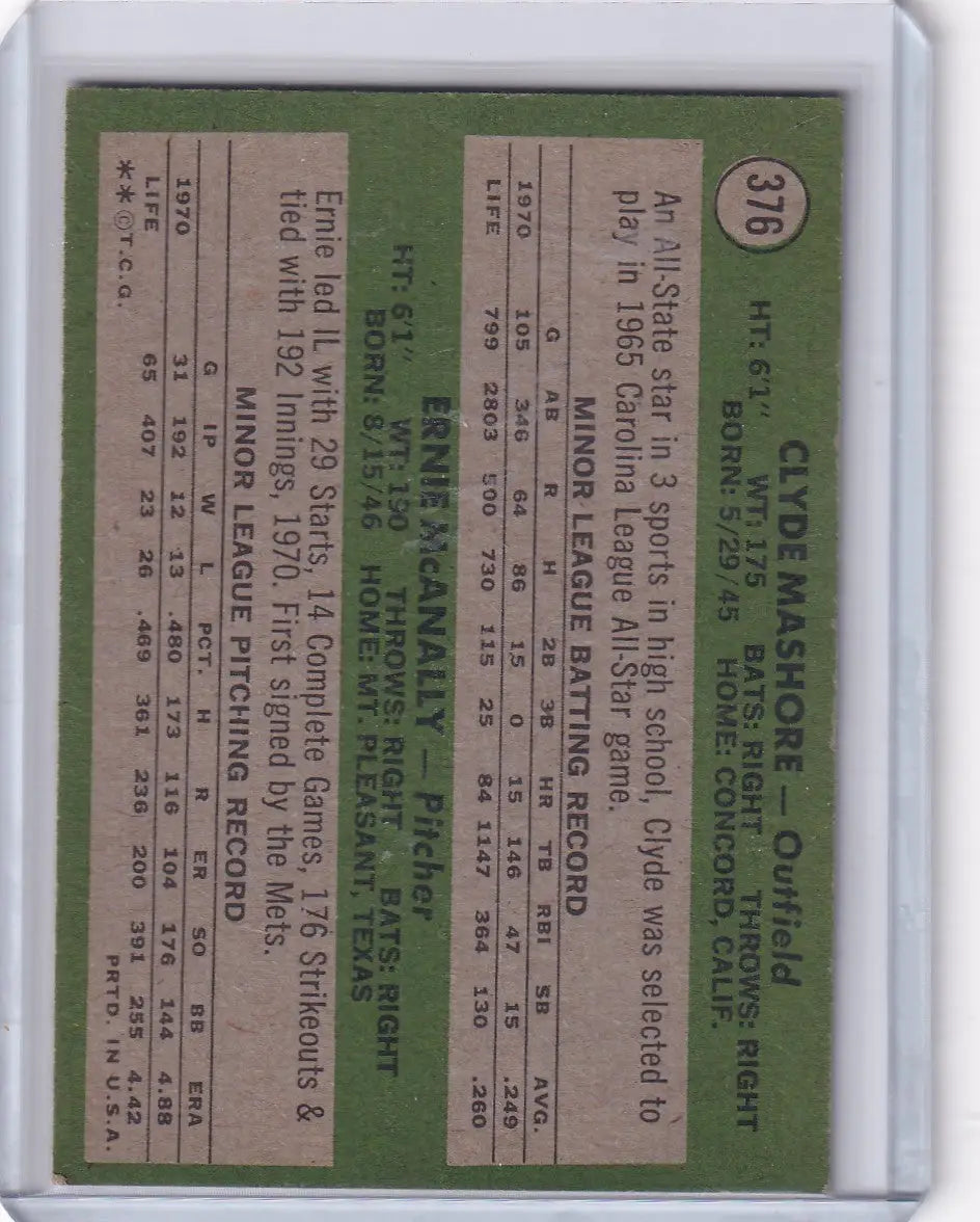 1971 Topps Baseball #376 Expos Rookies - Clyde Mashore / Ernie McAnally RC - Baseball Card Single