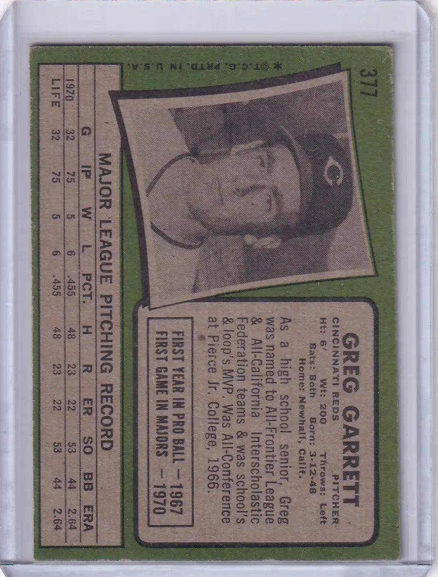 1971 Topps Baseball #377 Greg Garrett - Cincinnati Reds - Baseball Card Single