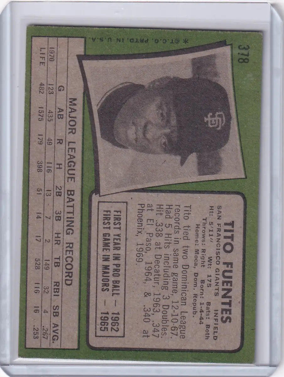 1971 Topps Baseball #378 Tito Fuentes - San Francisco Giants - Baseball Card Single