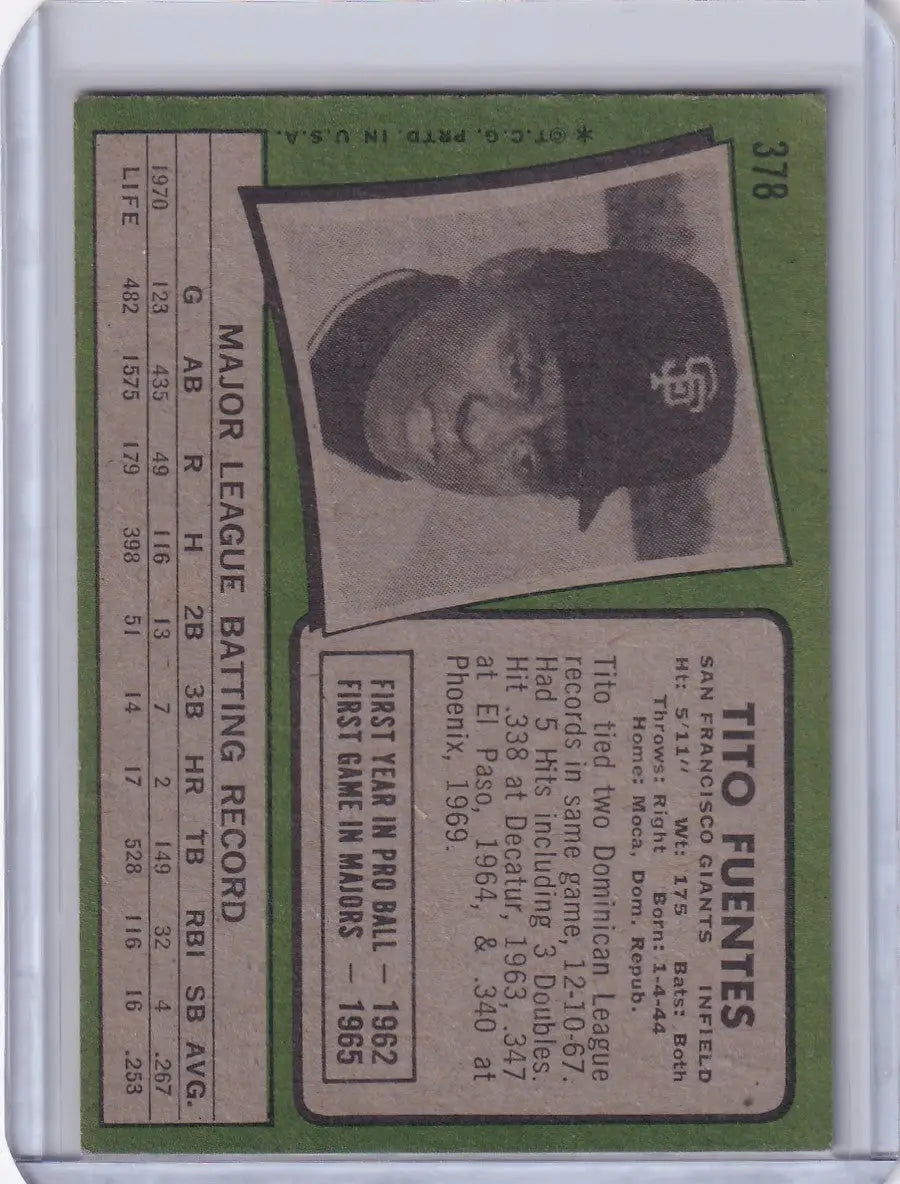 1971 Topps Baseball #378 Tito Fuentes - San Francisco Giants - Baseball Card Single
