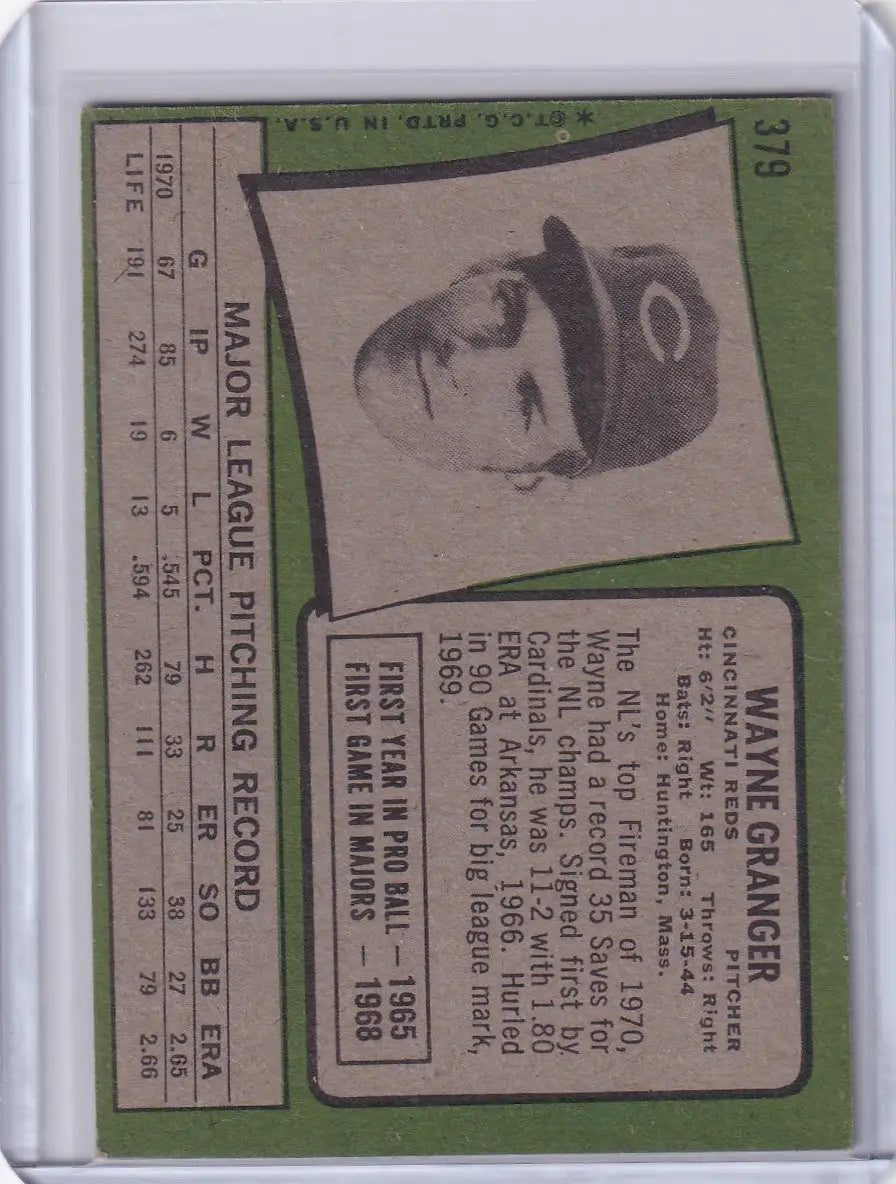 1971 Topps Baseball #379 Wayne Granger - Cincinnati Reds - Baseball Card Single