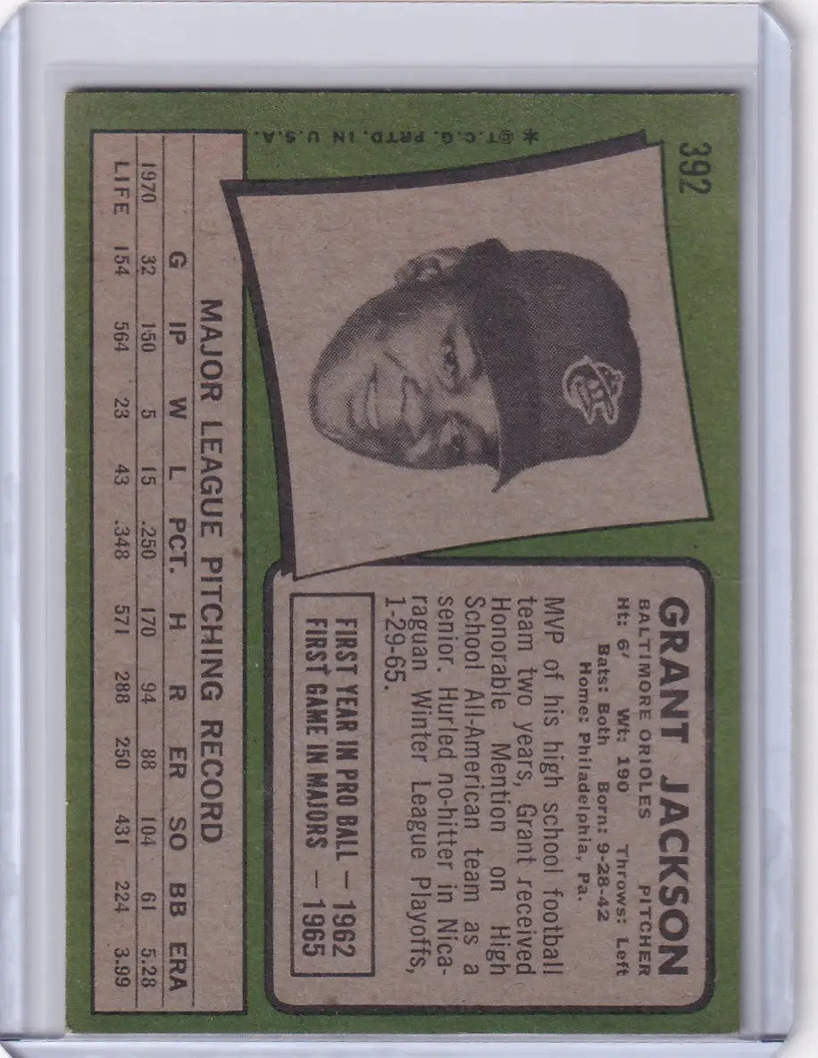 Topps Baseball card of Grant Jackson from the Baltimore Orioles showcasing player stats