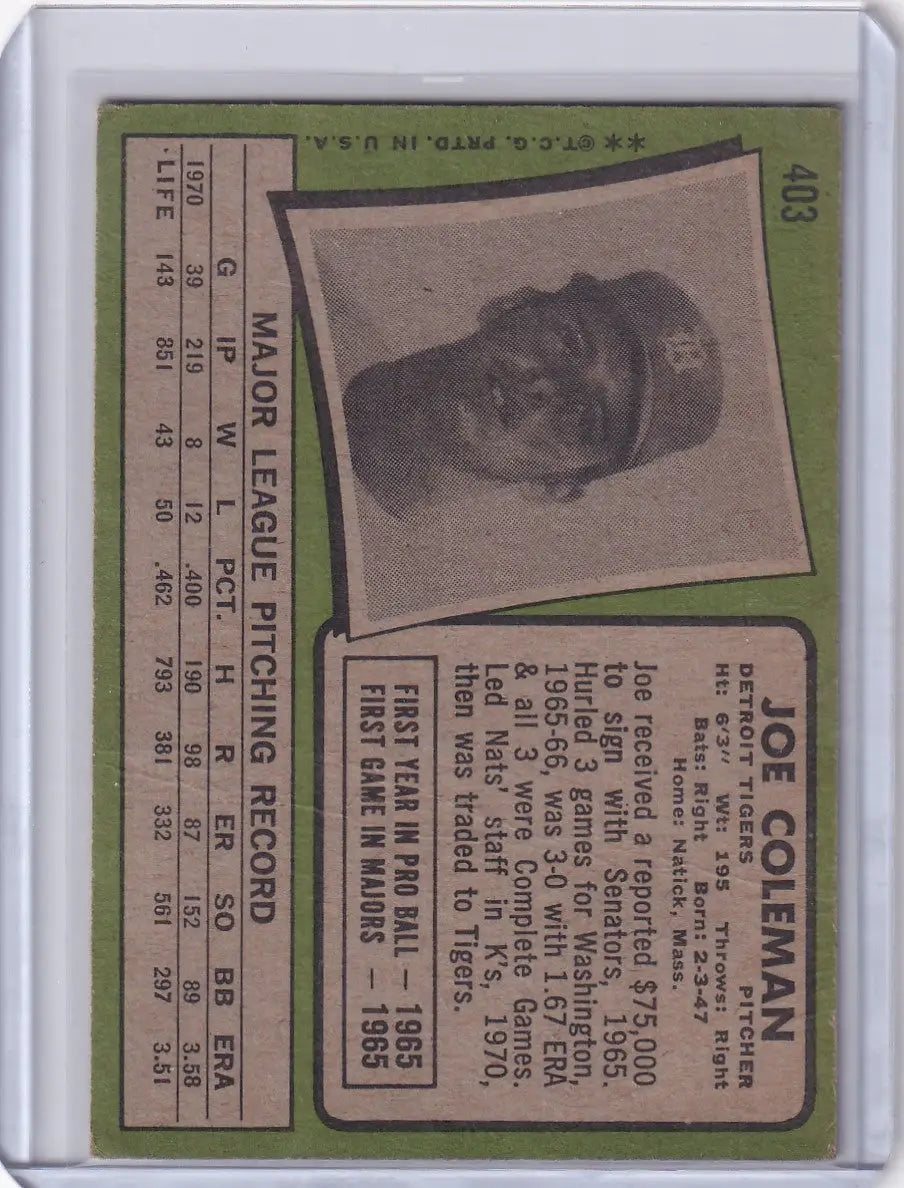 1971 Topps Baseball #403 Joe Coleman - Detroit Tigers - Baseball Card Single
