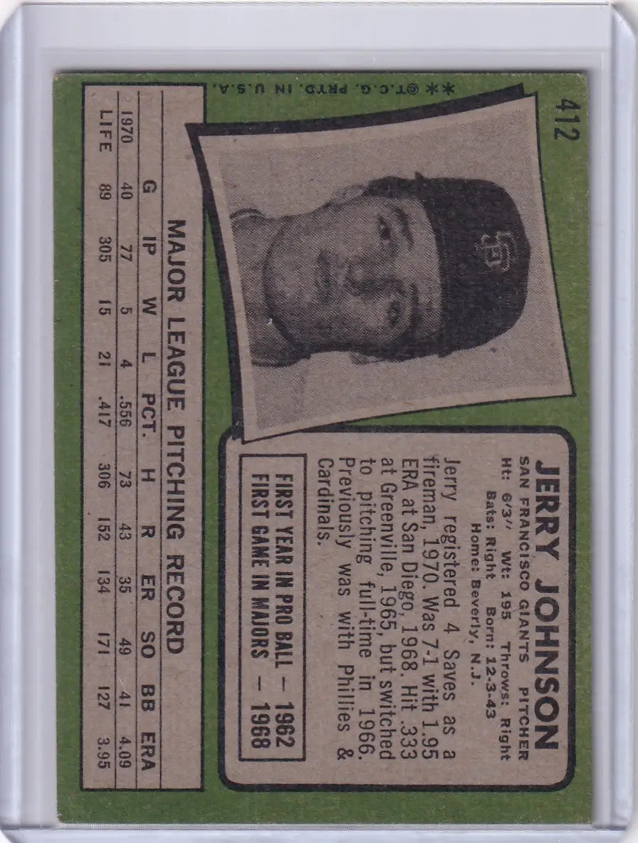 1971 Topps Baseball #412 Jerry Johnson - San Francisco Giants - Baseball Card Single