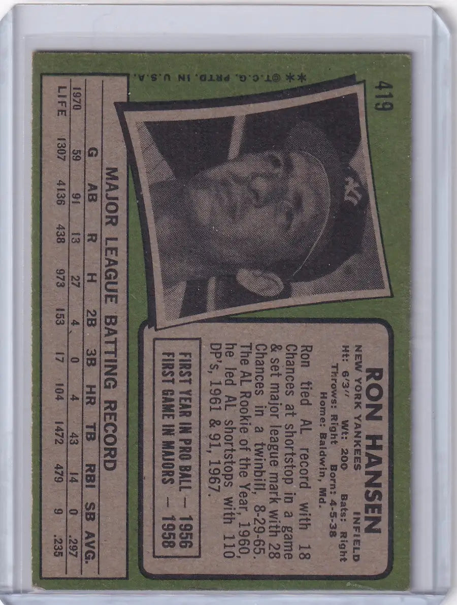 Vintage 1971 Topps Baseball #419 Ron Hansen card featuring New York Yankees design