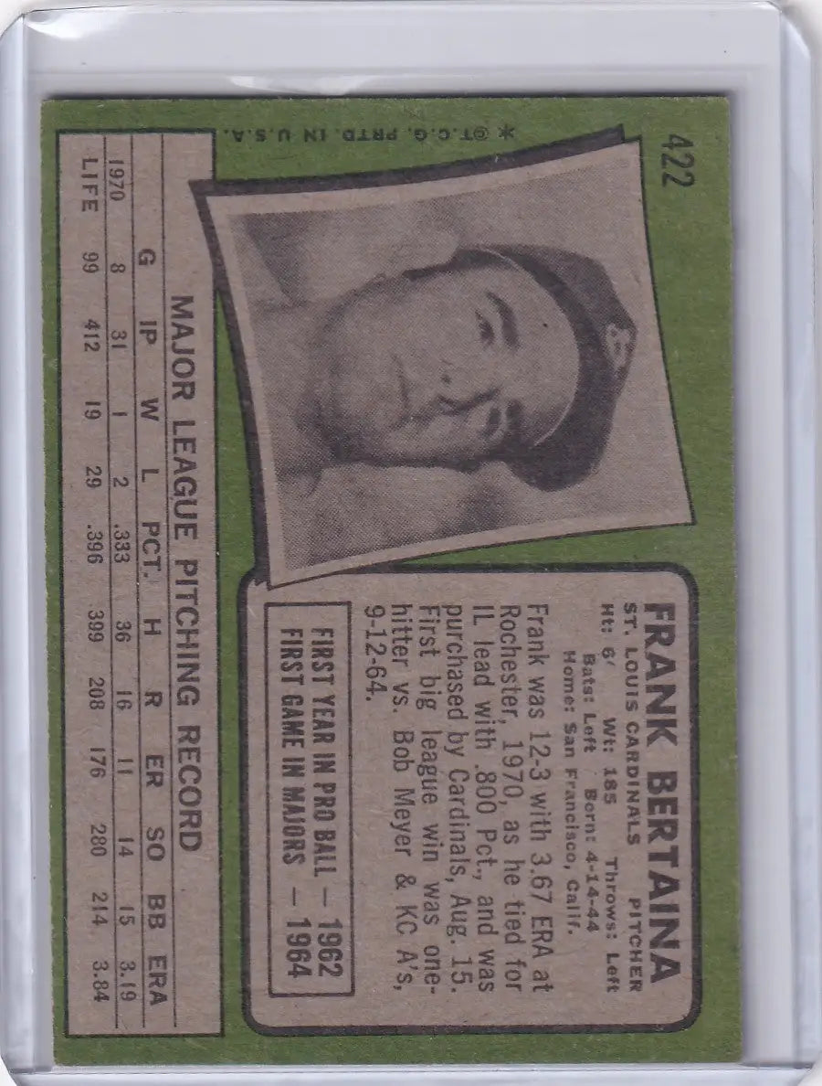 Topps Baseball card of Frank Bertaina with a black and white portrait for St. Louis Cardinals