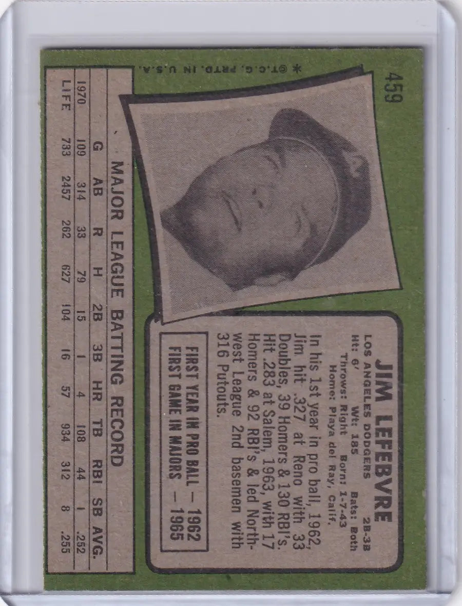 Jim Lefebvre 1971 Topps Baseball card with black and white portrait, Los Angeles Dodgers