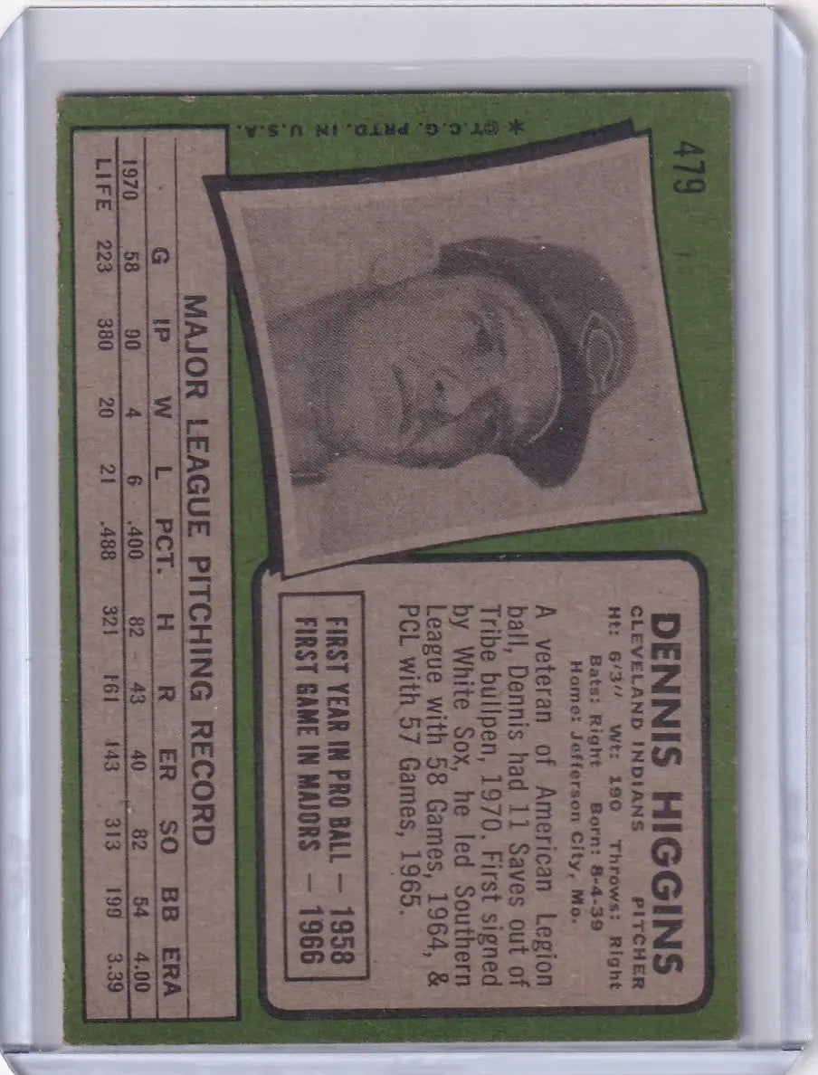 1971 Topps Baseball #479 Dennis Higgins - Cleveland Indians - Baseball Card Single