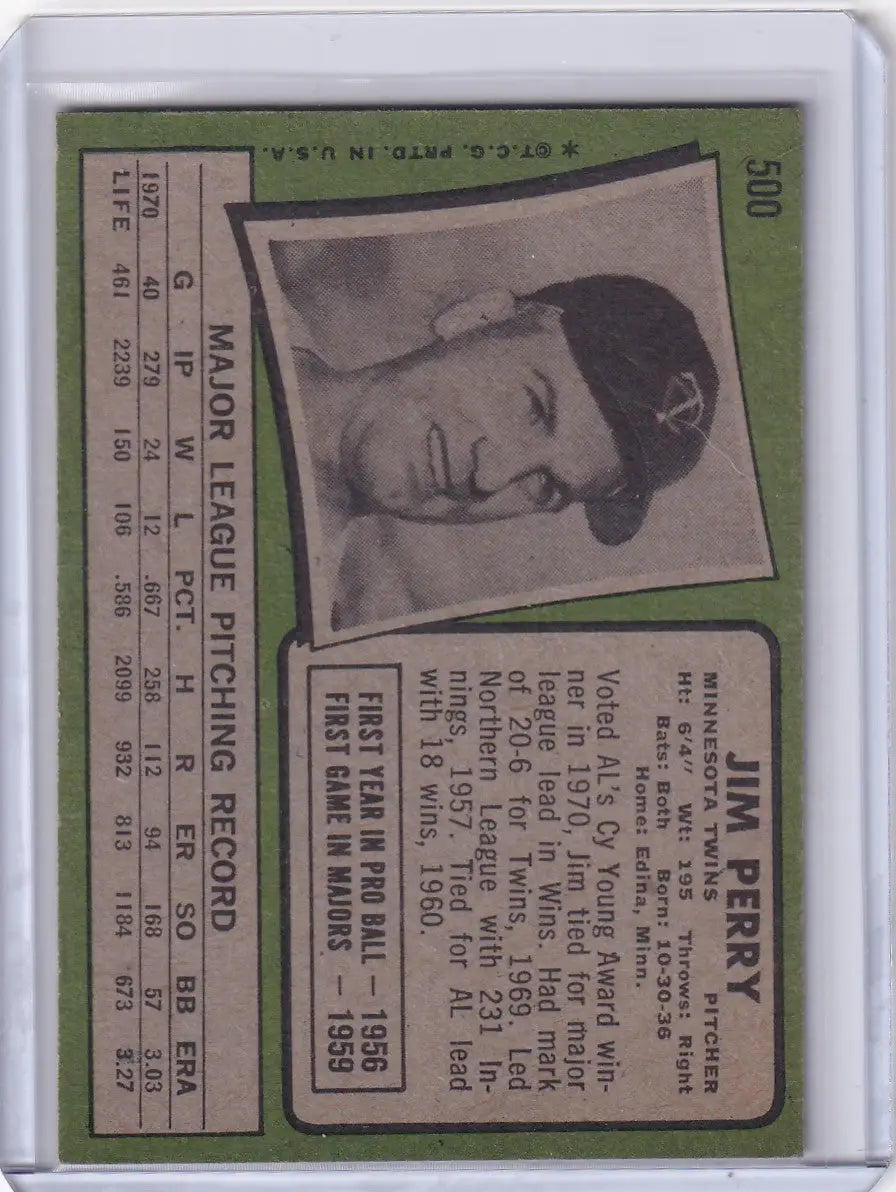 1971 Topps Baseball #500 Jim Perry - Minnesota Twins - Baseball Card Single