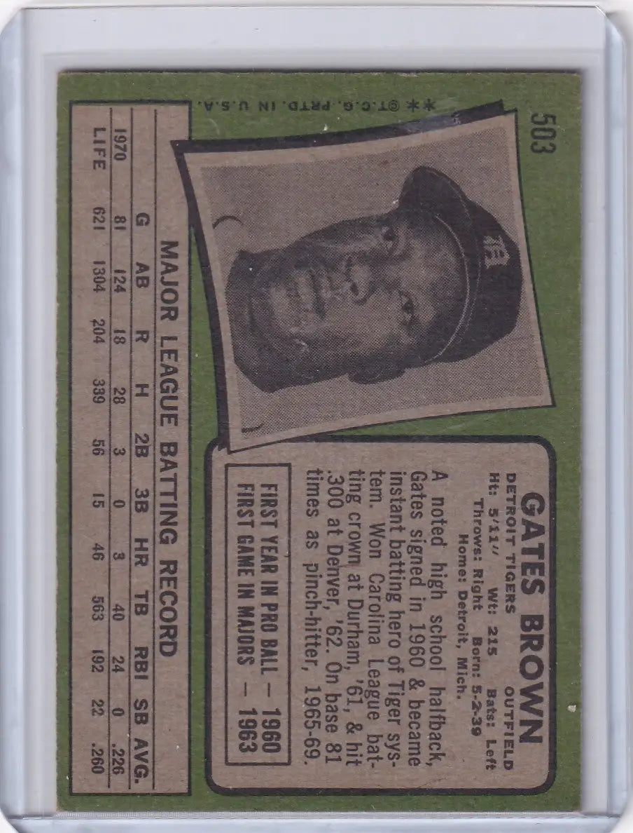 Vintage Topps Baseball card featuring Gates Brown of the Detroit Tigers with green border