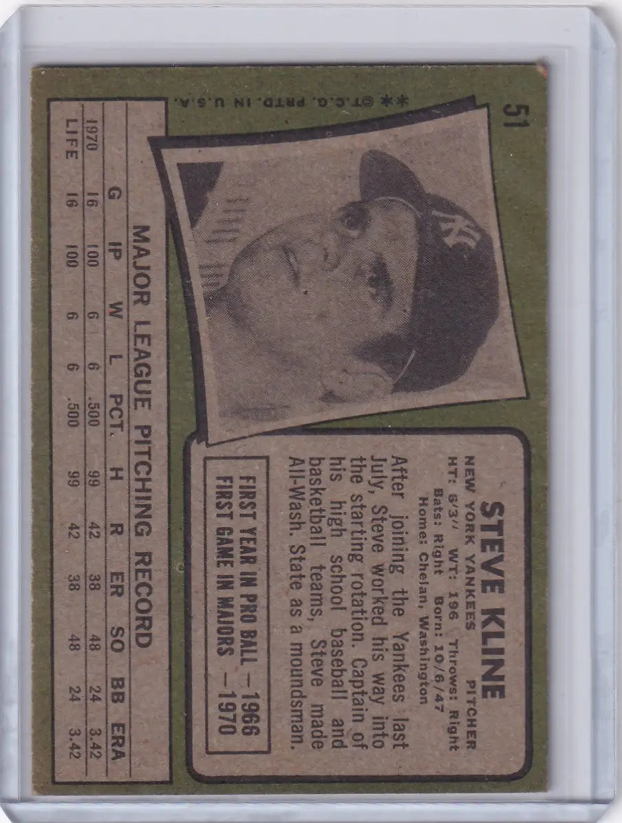 1971 Topps Baseball #51 Steve Kline RC - New York Yankees RC - Baseball Card Single