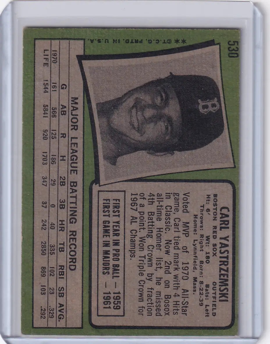 Vintage Topps Baseball card featuring Carl Yastrzemski of the Boston Red Sox