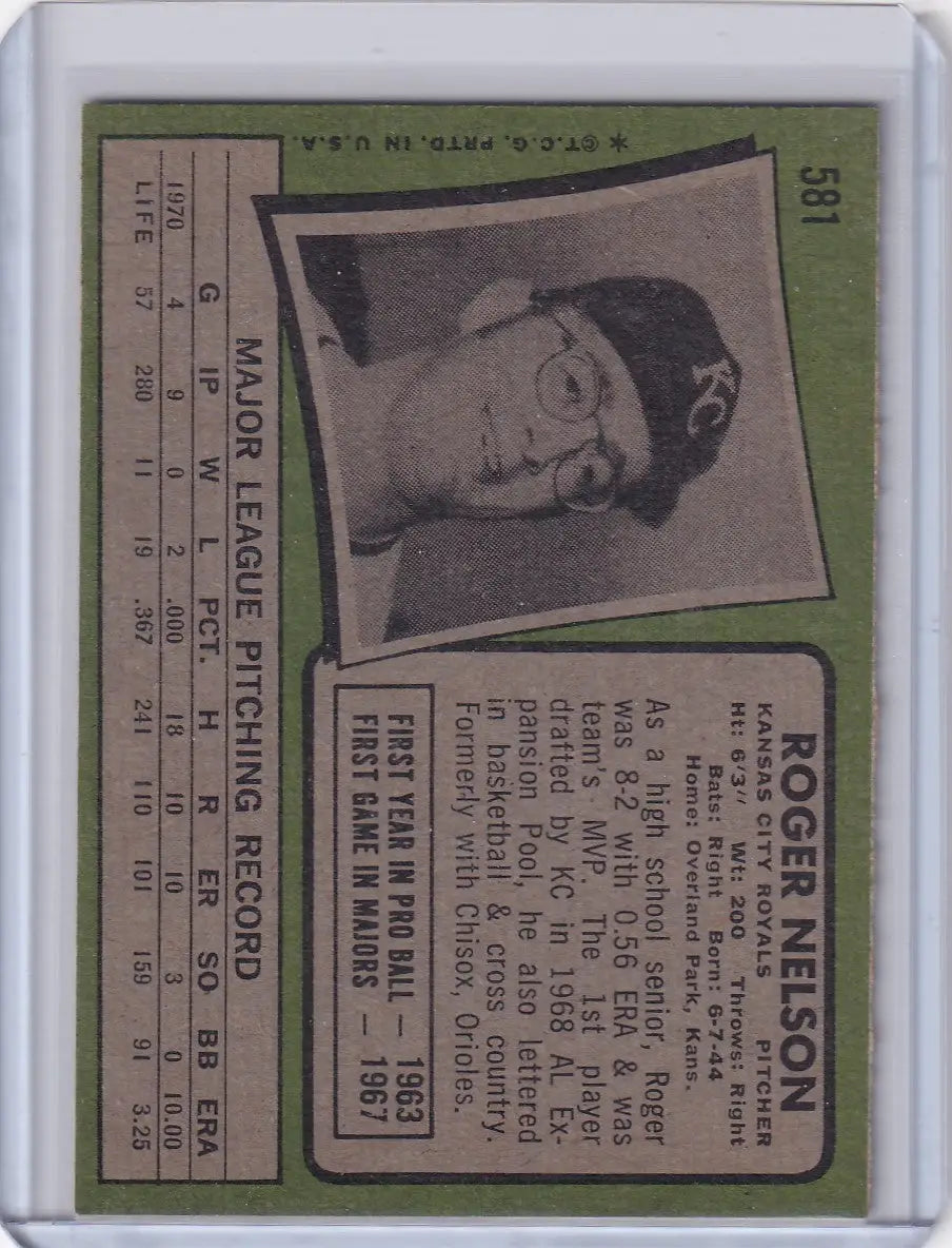 Vintage 1971 Topps Baseball card of Roger Nelson, Kansas City Royals, in green border
