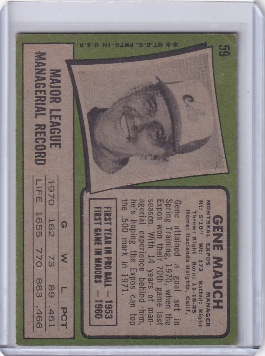 1971 Topps Baseball #59 Gene Mauch - Montreal Expos - Baseball Card Single