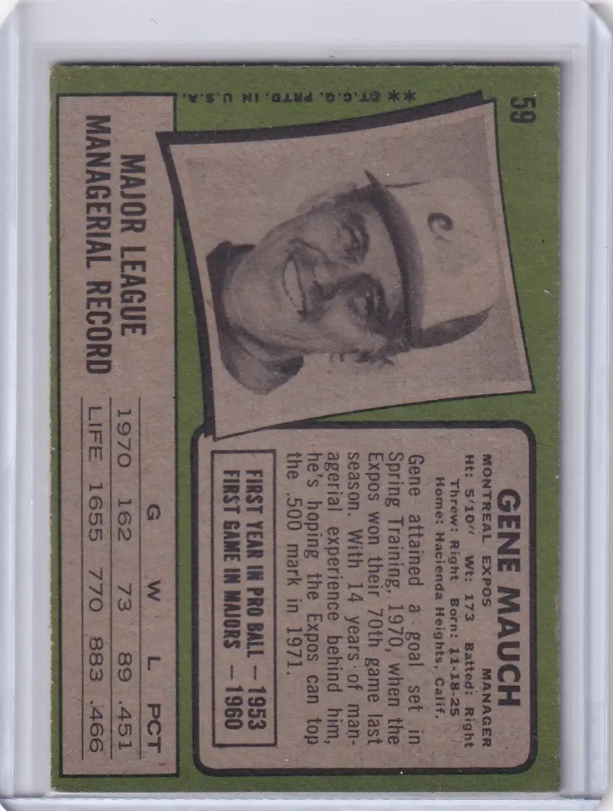 Baseball card of Gene Mauch, Montreal Expos, in vintage Topps Baseball design