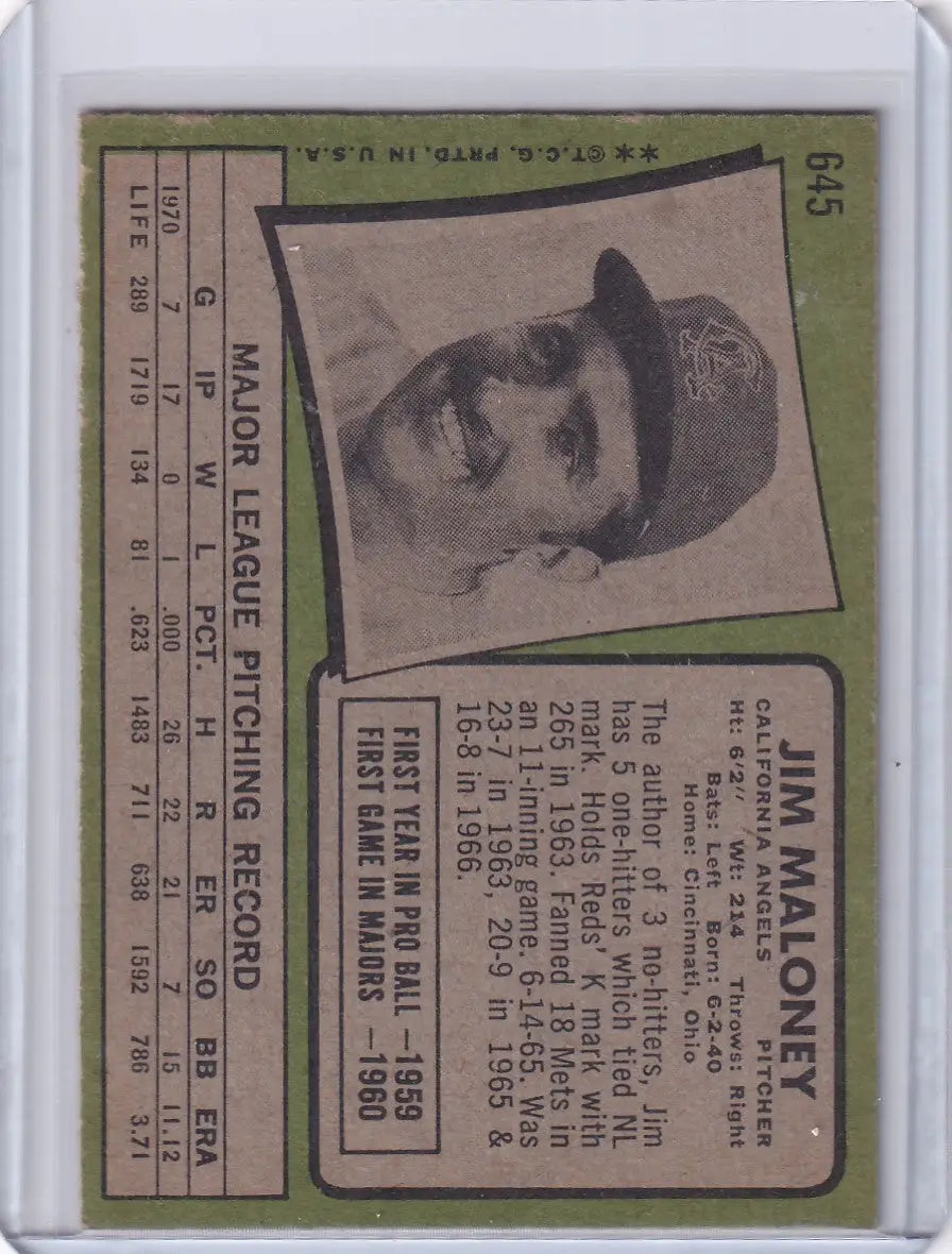 Vintage Topps Baseball card featuring Jim Maloney of the California Angels