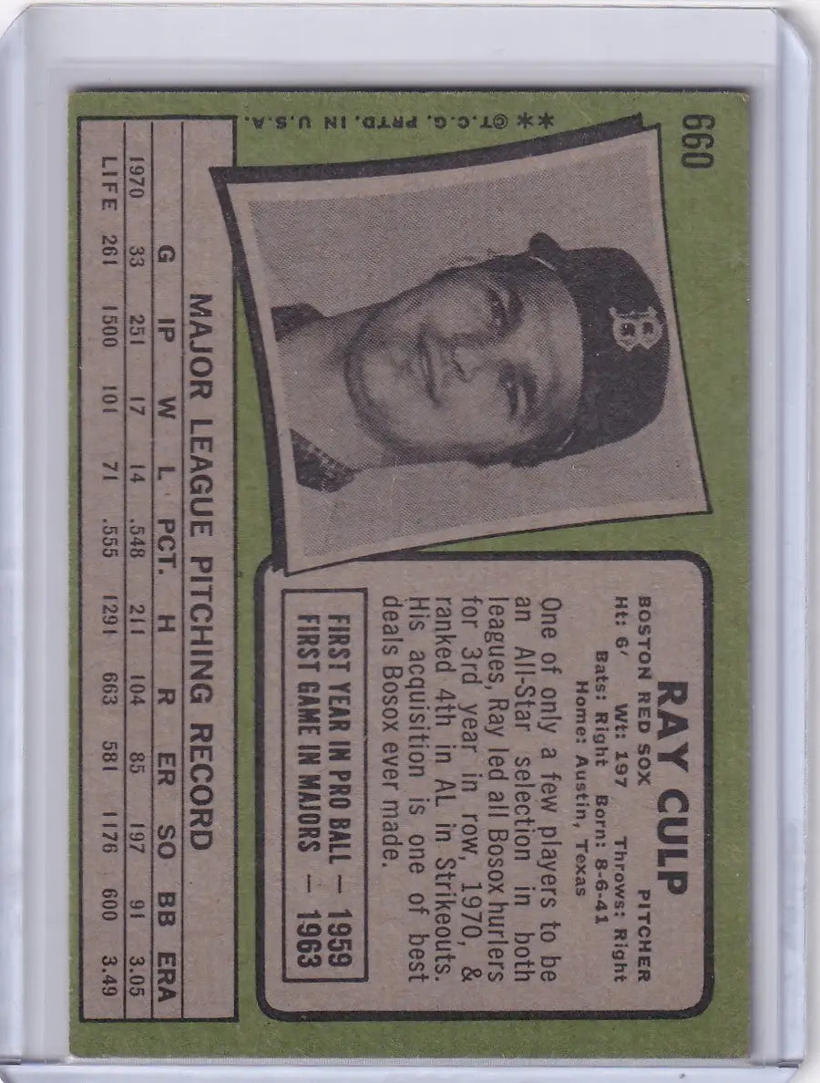 1971 Topps Baseball #660 Ray Culp - Boston Red Sox - Baseball Card Single