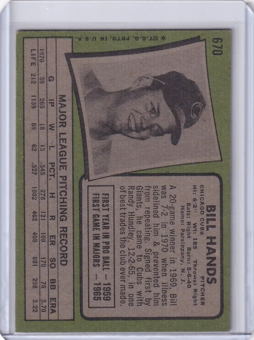 Vintage Topps Baseball trading card of Bill Hands, Chicago Cubs player portrait