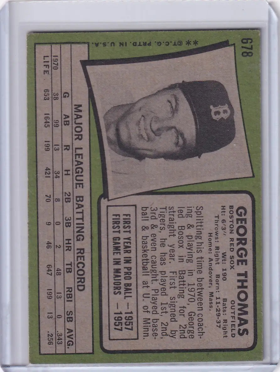 1971 Topps Baseball #678 George Thomas - Boston Red Sox - Baseball Card Single