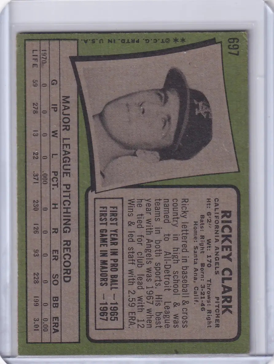 1971 Topps Baseball #697 Rickey Clark portrait card for California Angels collectors