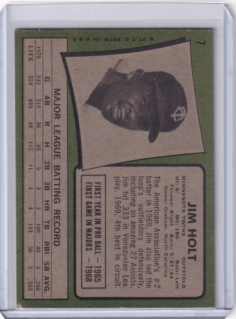 1971 Topps Baseball #7 Jim Holt - Minnesota Twins RC - Baseball Card Single