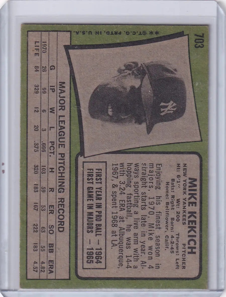 1971 Topps Baseball #703 Mike Kekich - New York Yankees - Baseball Card Single
