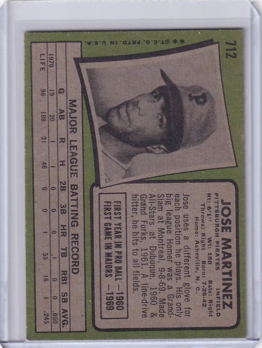 1971 Topps Baseball #712 Jose Martinez - Pittsburgh Pirates - Baseball Card Single