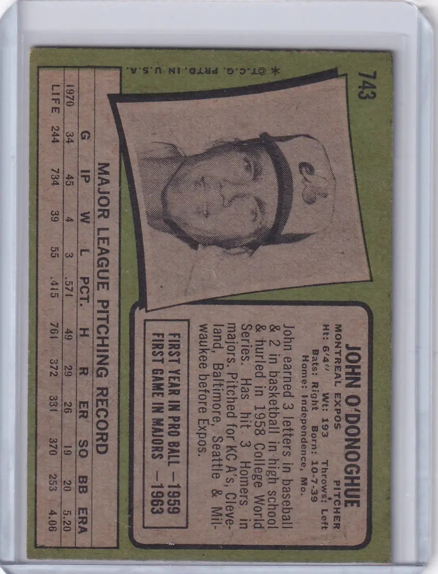 Vintage 1971 Topps Baseball card featuring John O’Donoghue - Montreal Expos SP