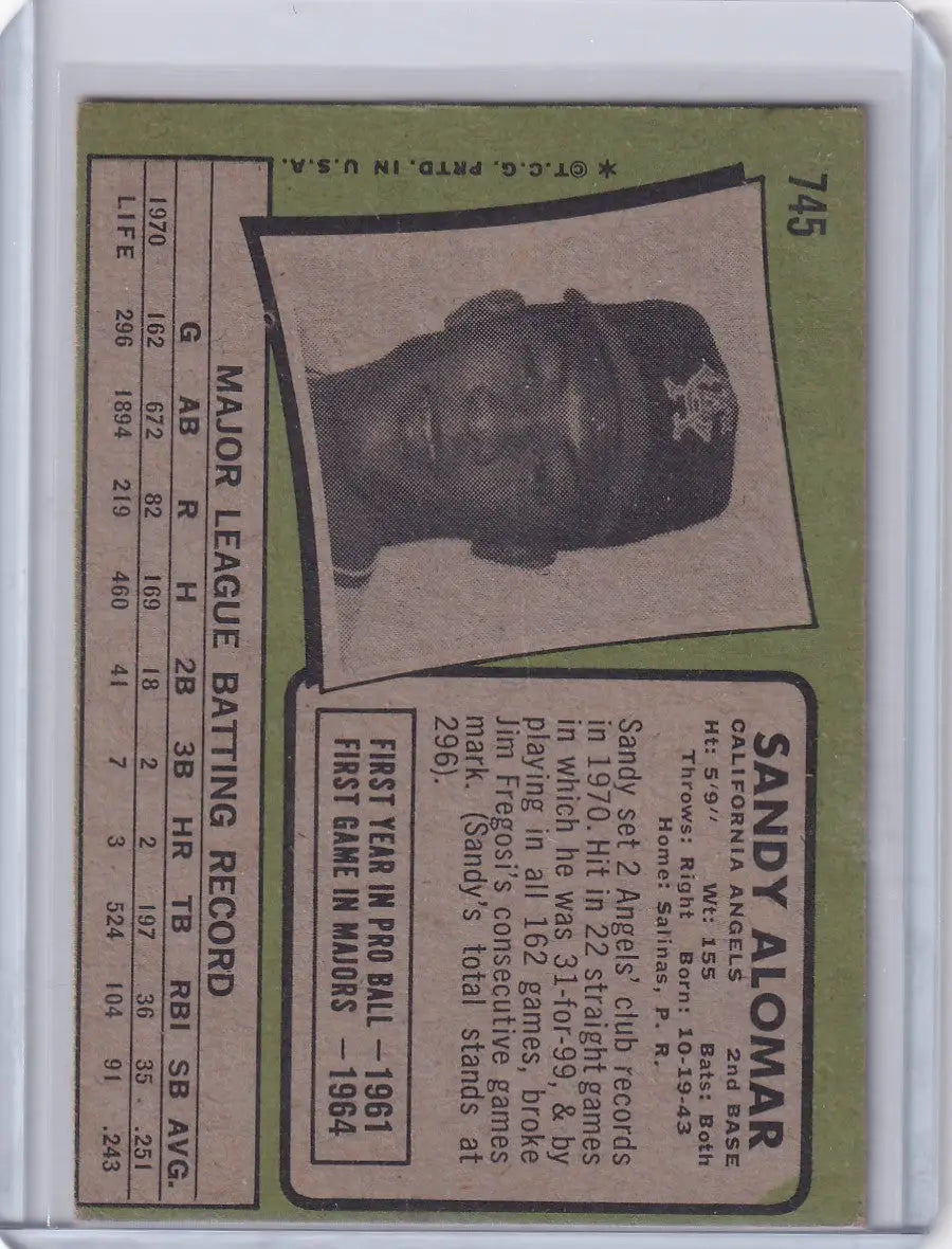 Vintage 1971 Topps Baseball card featuring Sandy Alomar of the California Angels