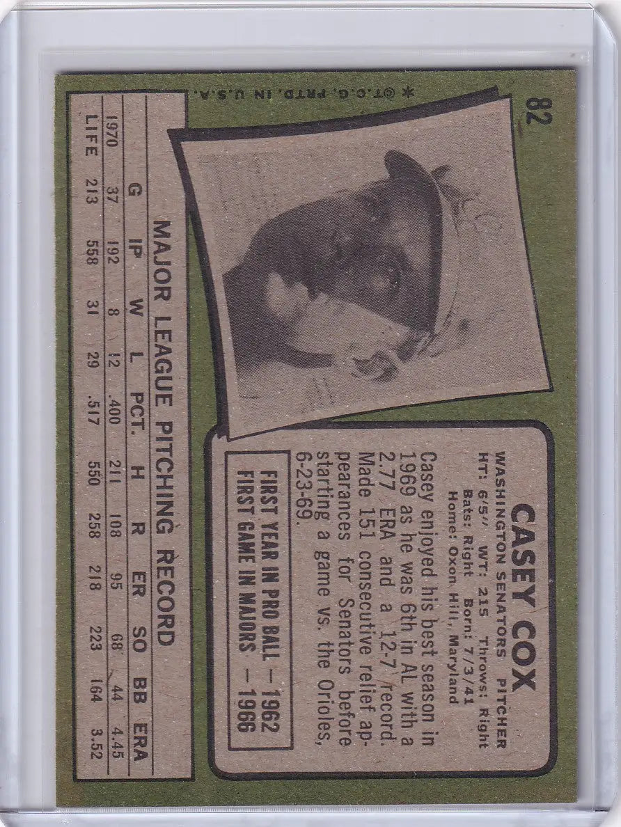1971 Topps Baseball #82 Casey Cox - Washington Senators - Baseball Card Single