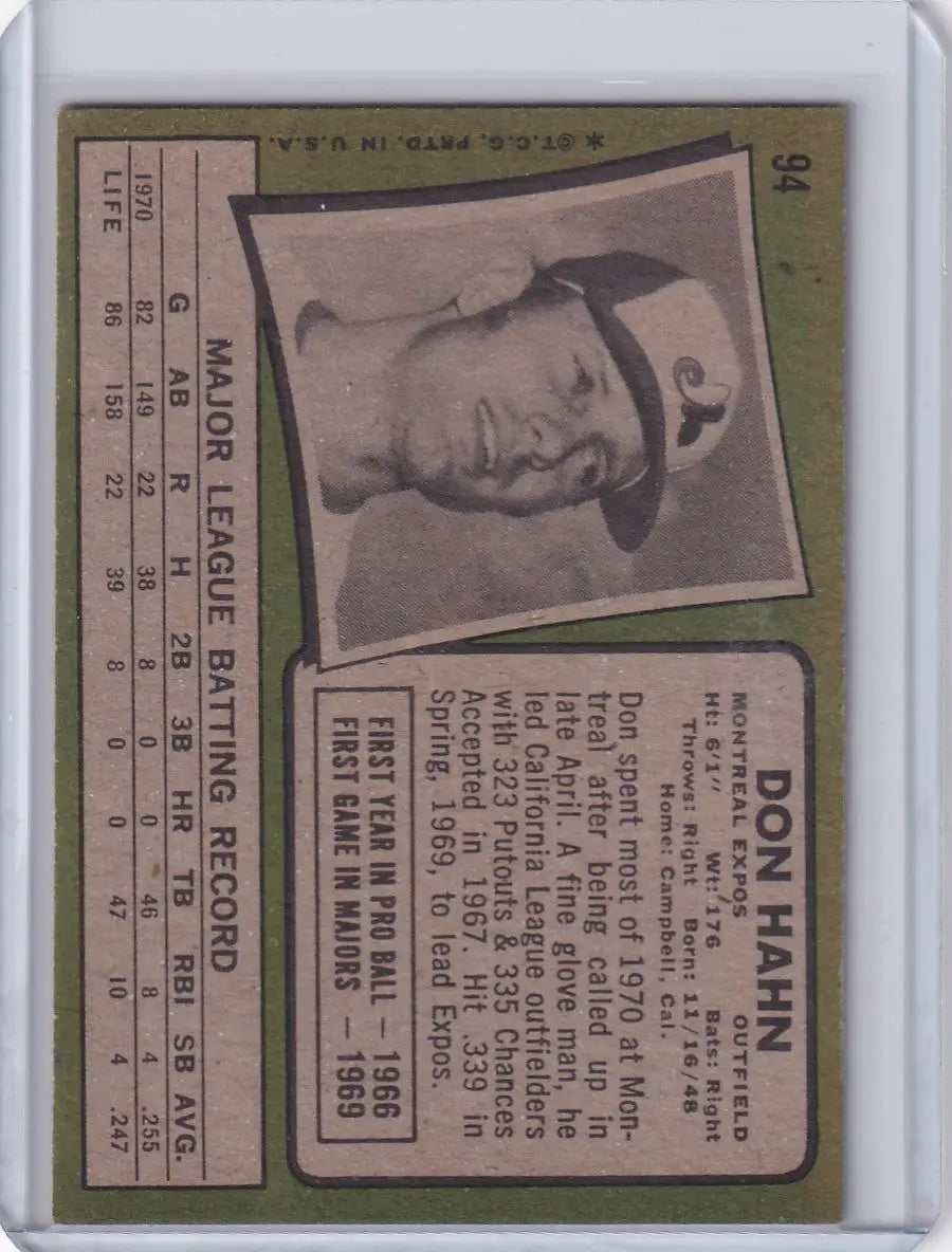 1971 Topps Baseball #94 Don Hahn - Montreal Expos RC - Baseball Card Single