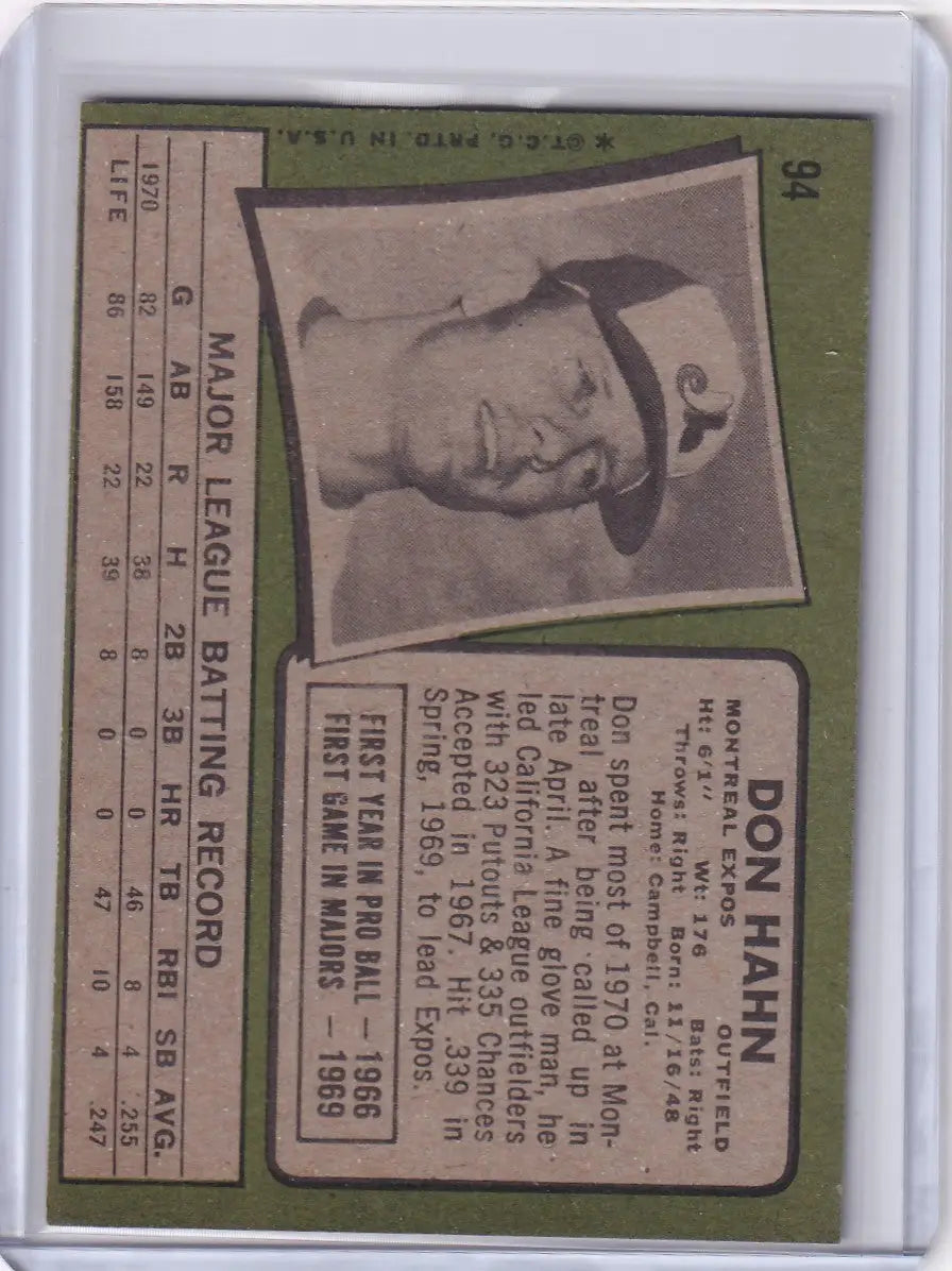 Baseball card of Don Hahn from 1971 Topps Baseball featuring Montreal Expos RC