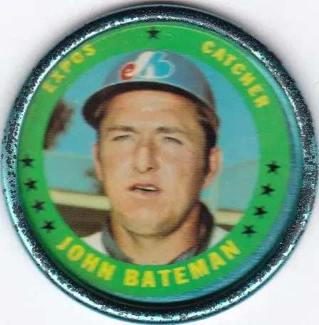 Circular 1971 Topps Coin featuring John Bateman of the Montreal Expos trading cards