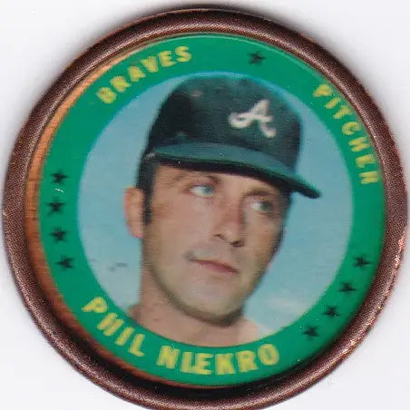 Circular Topps Coin featuring Phil Niekro of the Atlanta Braves trading cards