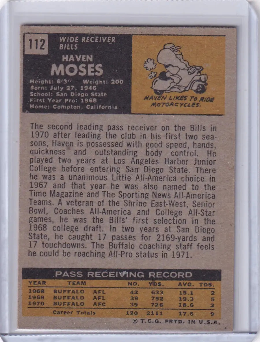 1971 Topps Football card of Haven Moses, Buffalo Bills player statistics and bio