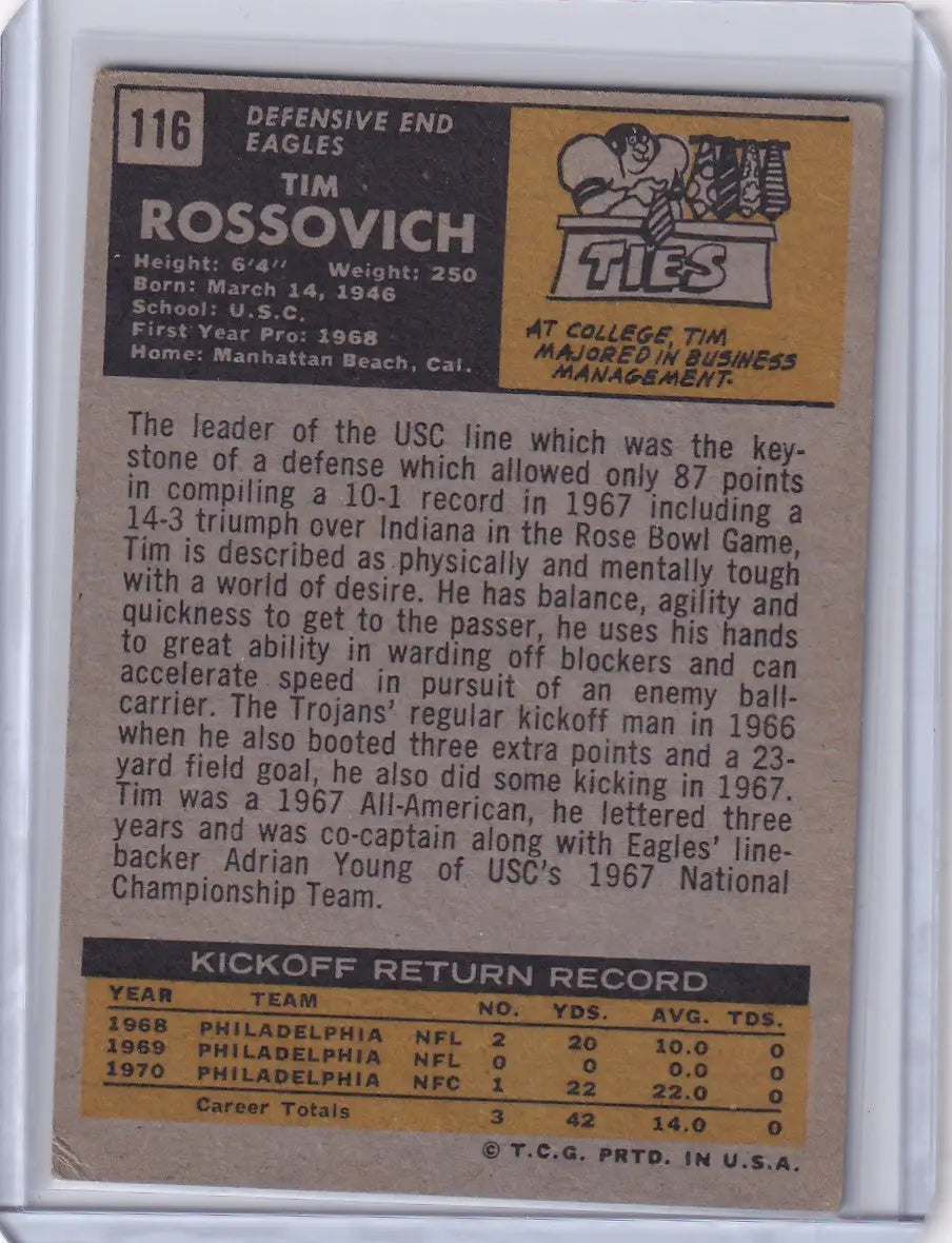 Vintage 1971 Topps Football card of Tim Rossovich from the Philadelphia Eagles