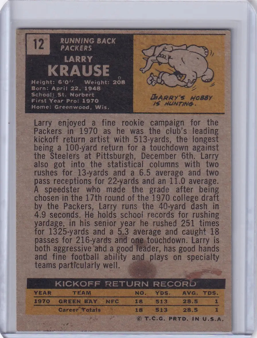 Larry Krause football trading card from 1971 Topps featuring Green Bay Packers stats